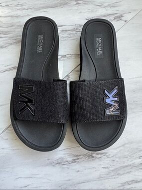Michael Kors Black MK Slide Sandals with Logo Strap